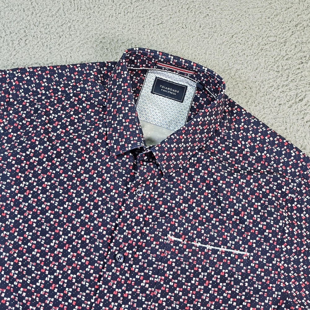 7 Diamonds Freedom Train Shirt Mens Medium Blue Geometric Short Sleeve Button Up